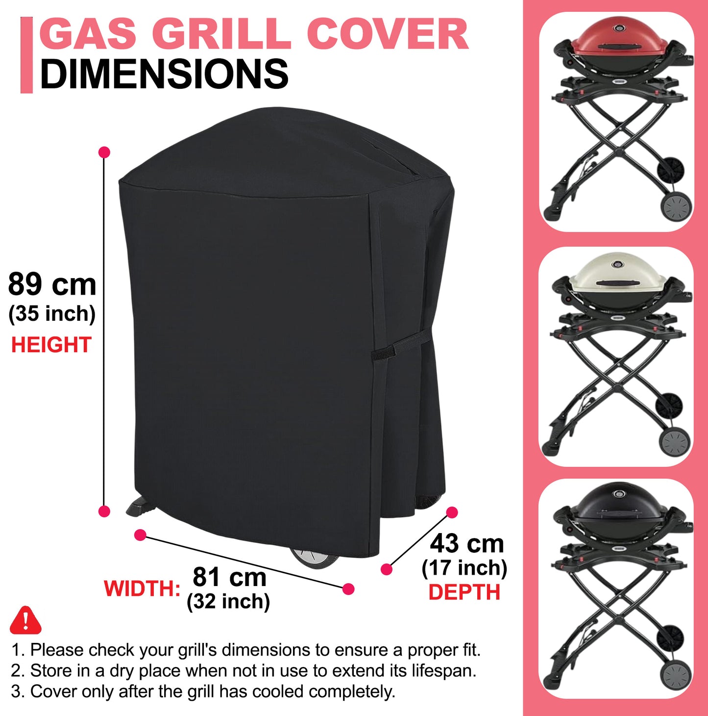 7113 BBQ Grill Cover for Weber Q100/Q1000/Q200/Q2000 Series Grills, 600D Oxford Fabric, Heavy Duty & Waterproof, PU Cover for Weber Q2400/Q2200/Q1200/Q220/Q120 Gas Grills (81 L x 43 W x 89 H cm)