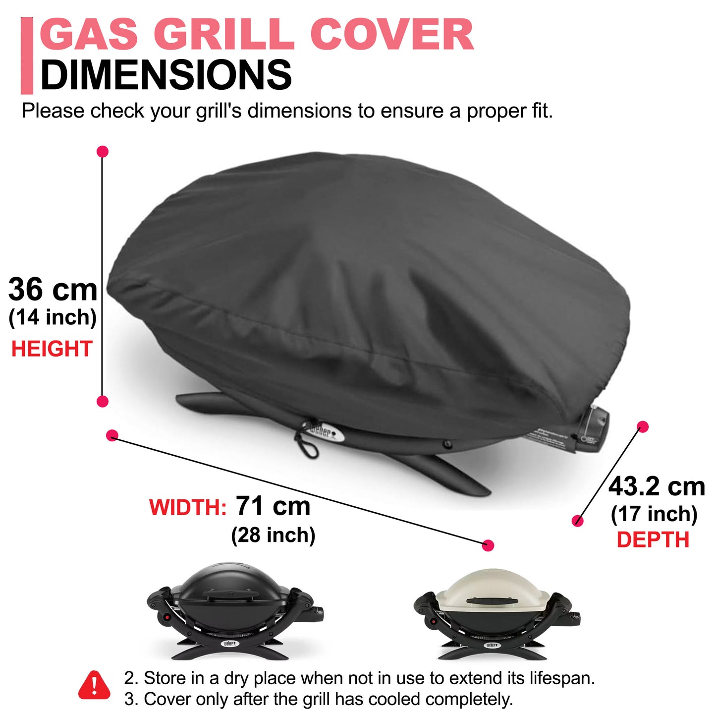 7117 BBQ Grill Cover for Weber Q100/Q120/Q1000/Q1200/Q1400 Grills, 600D Oxford Fabric, Heavy Duty & Waterproof, PU Cover for Weber Q100 and Q1000 Series Gas Grills (71 L x 43.2 W x 35.6 H cm)