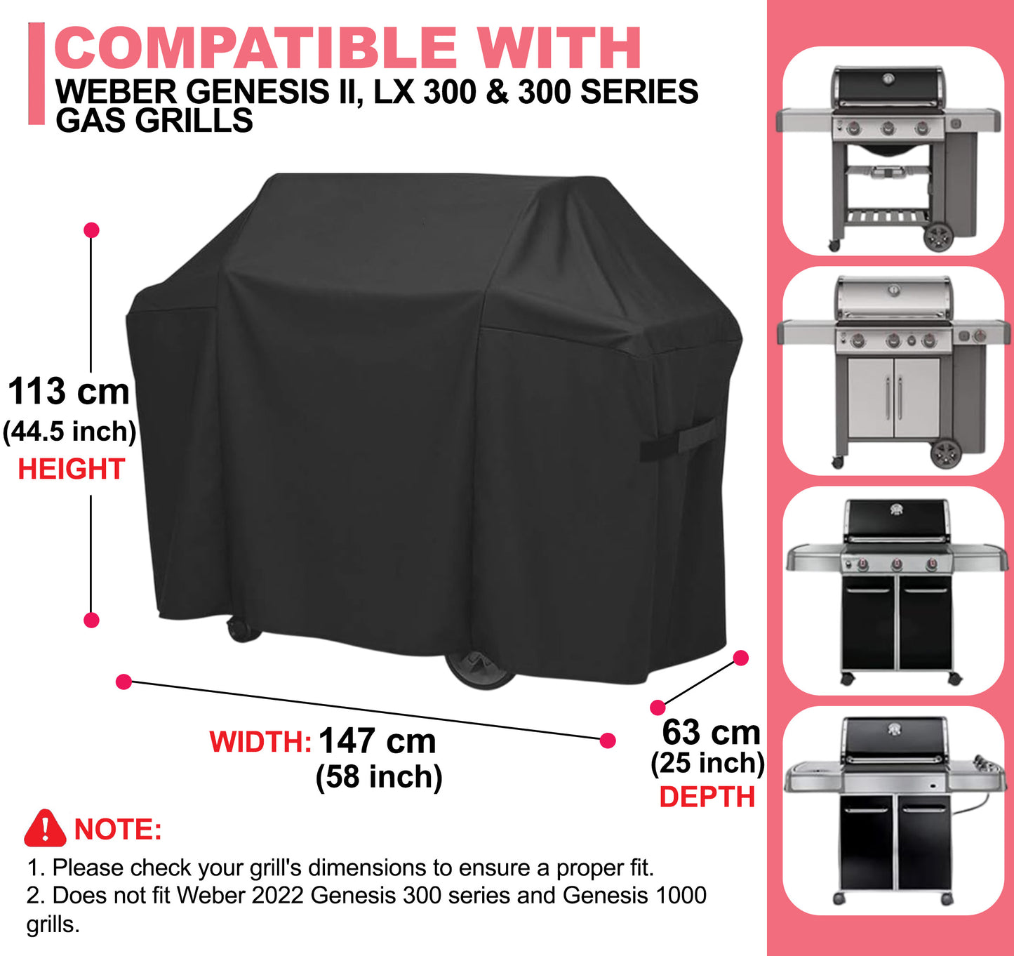 7130 Weber Grillabdeckung für Genesis II 300, Genesis 300 & Genesis LX 300 Grills, 600D Oxford-Gewebe, Strapazierfähig & Wasserdicht, PU-Abdeckung für Weber Genesis E-330, E-310, S-310, S-330, S-335, S-340 (147 L x 63 B x 113 H cm)