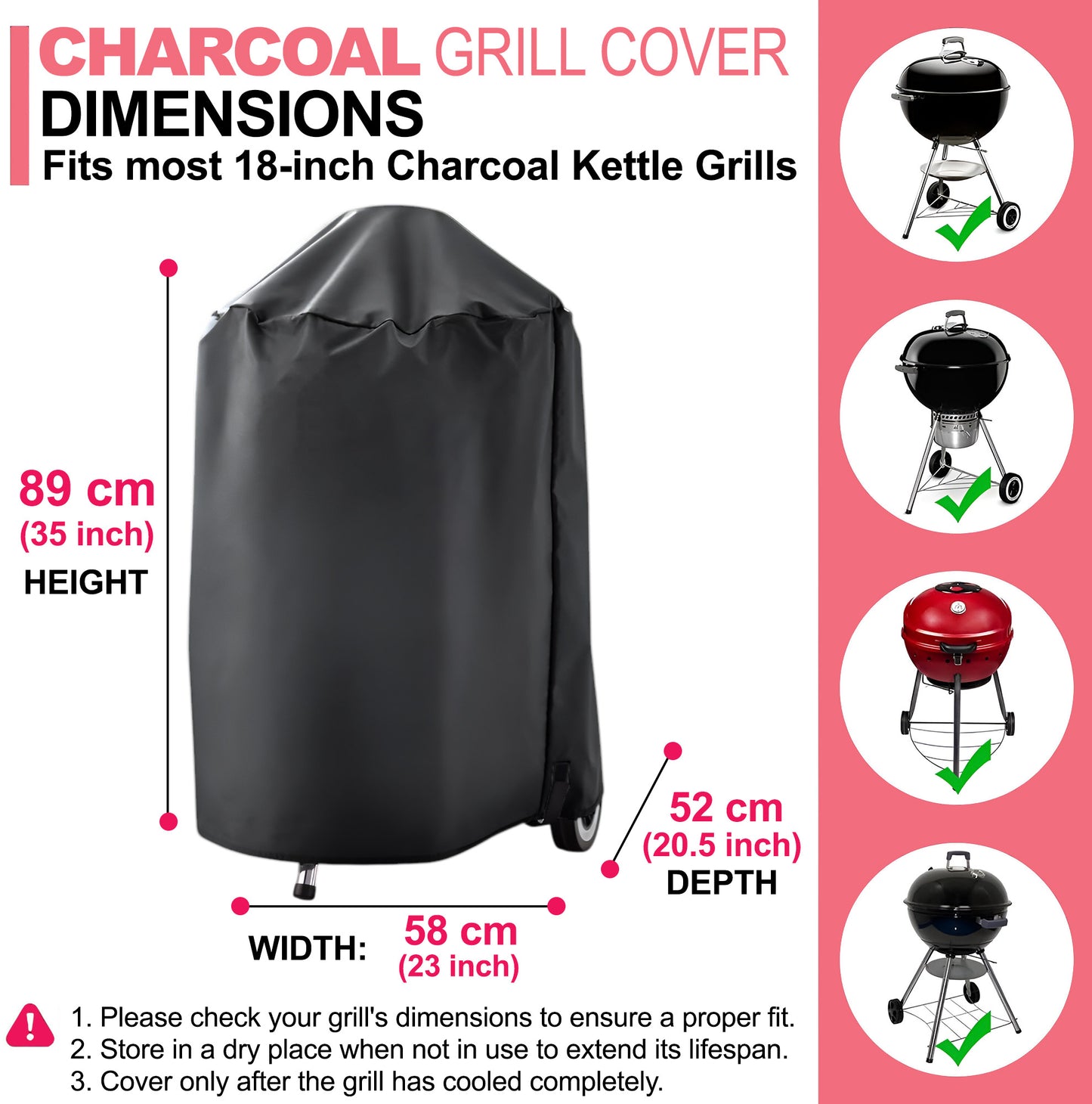 7175 BBQ Grillabdeckung für 18 Zoll Weber Holzkohle-Kugelgrill, 600D Oxford-Gewebe, Schwer & Wasserdicht, PU-Abdeckung für Holzkohlegrill (58 L x 52 B x 89 H cm)