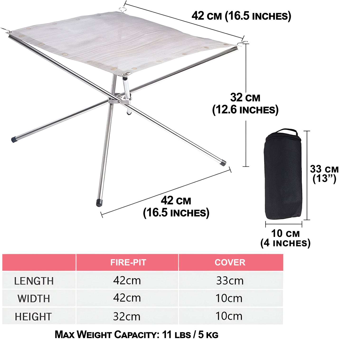 Tragbare Feuerstelle für den Außenbereich, 42 cm faltbare Feuerstelle aus Edelstahl mit Tragetasche für Camping, Picknick, Lagerfeuer, Terrasse, Garten