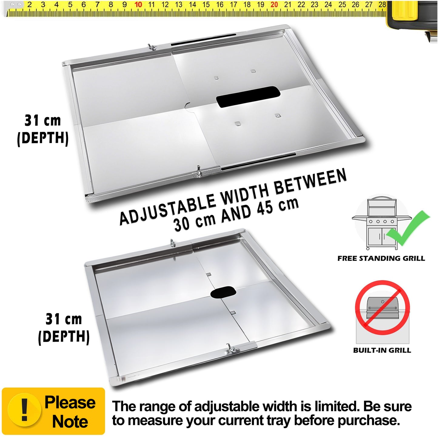 Verstellbare Auffangwanne / Fettwanne (30-46 cm) x 31 cm für kleine Grills – Universal passend für Weber, Napoleon, Landmann & viele mehr