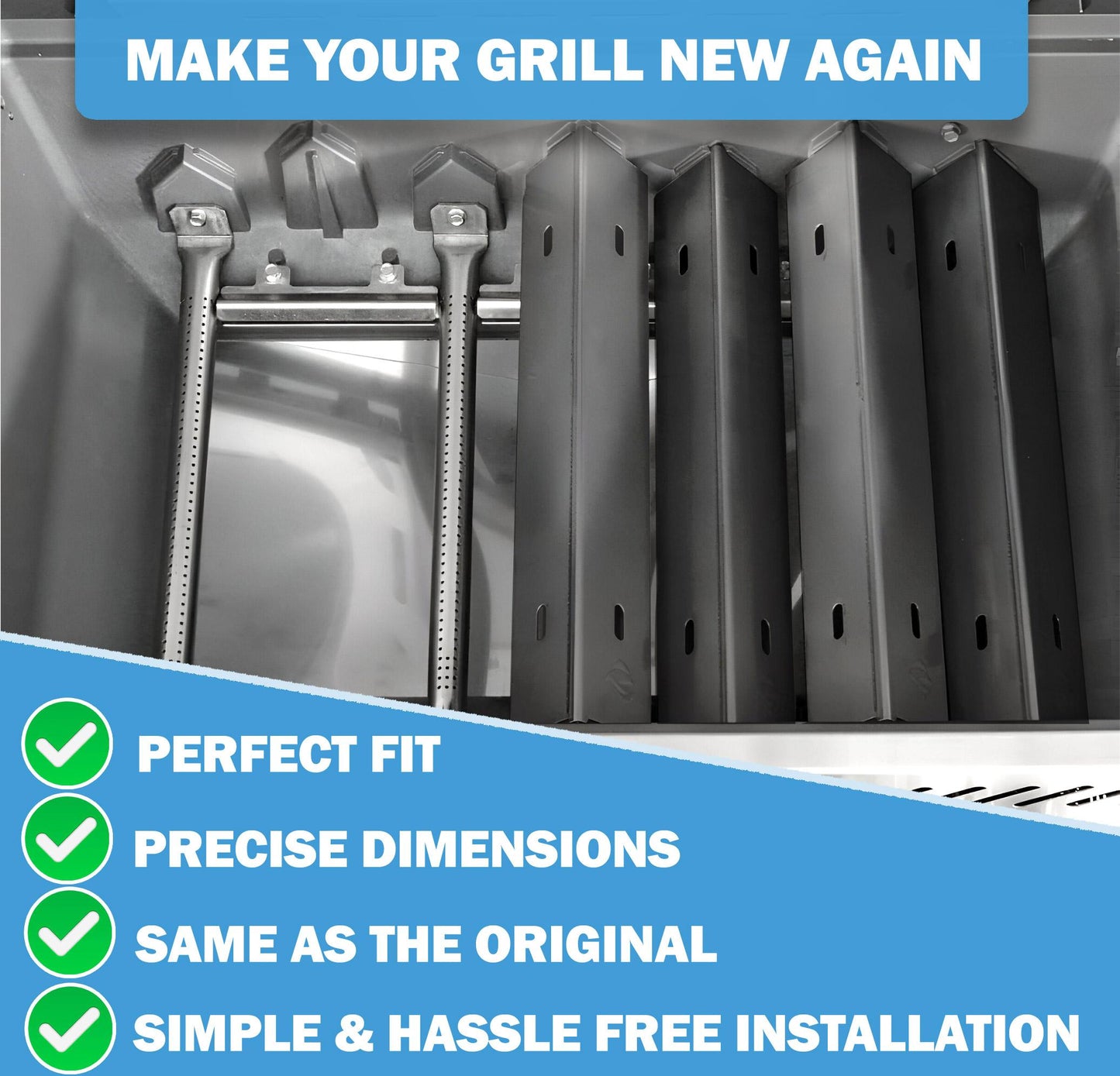 Installed view of 5 replacement sear plates inside a Napoleon Rogue 425 grill, demonstrating perfect fit, precise dimensions, and simple, hassle-free installation for making your grill new again.