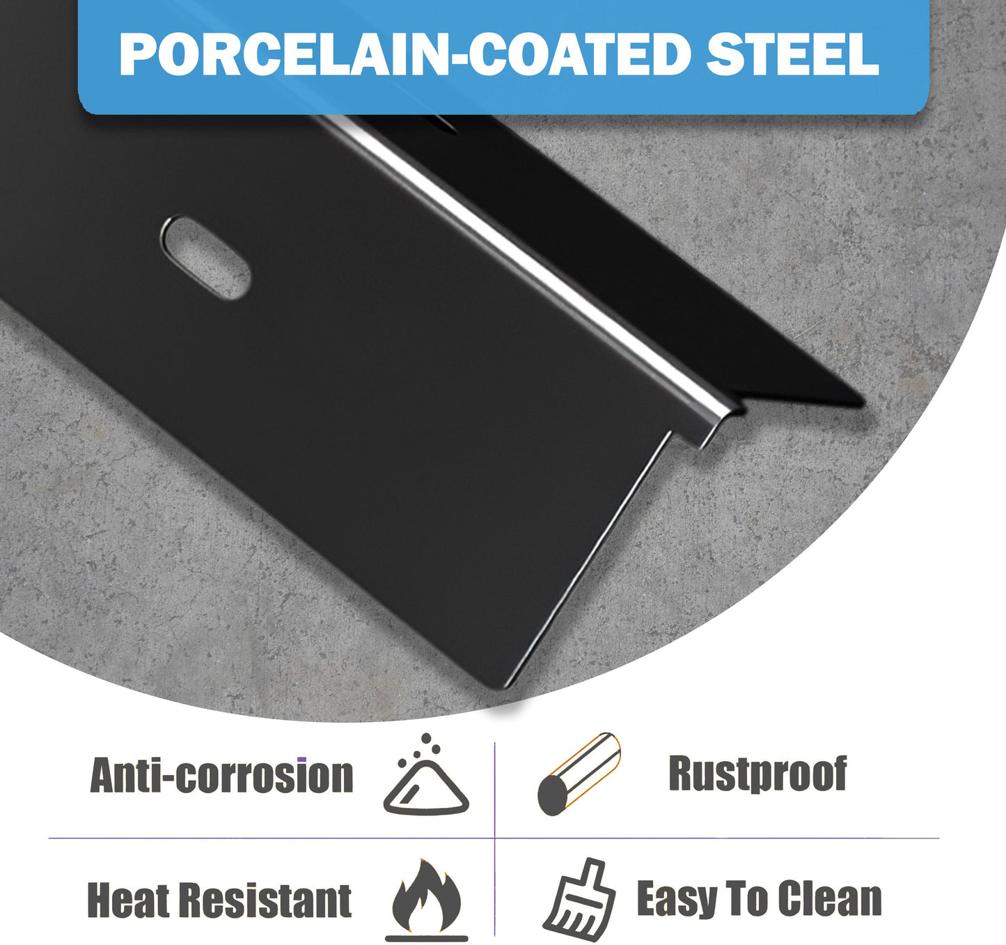 Close-up of a porcelain-coated steel replacement sear plate for Napoleon Rogue 425 grills, emphasizing its anti-corrosion, rustproof, heat resistant, and easy-to-clean properties.