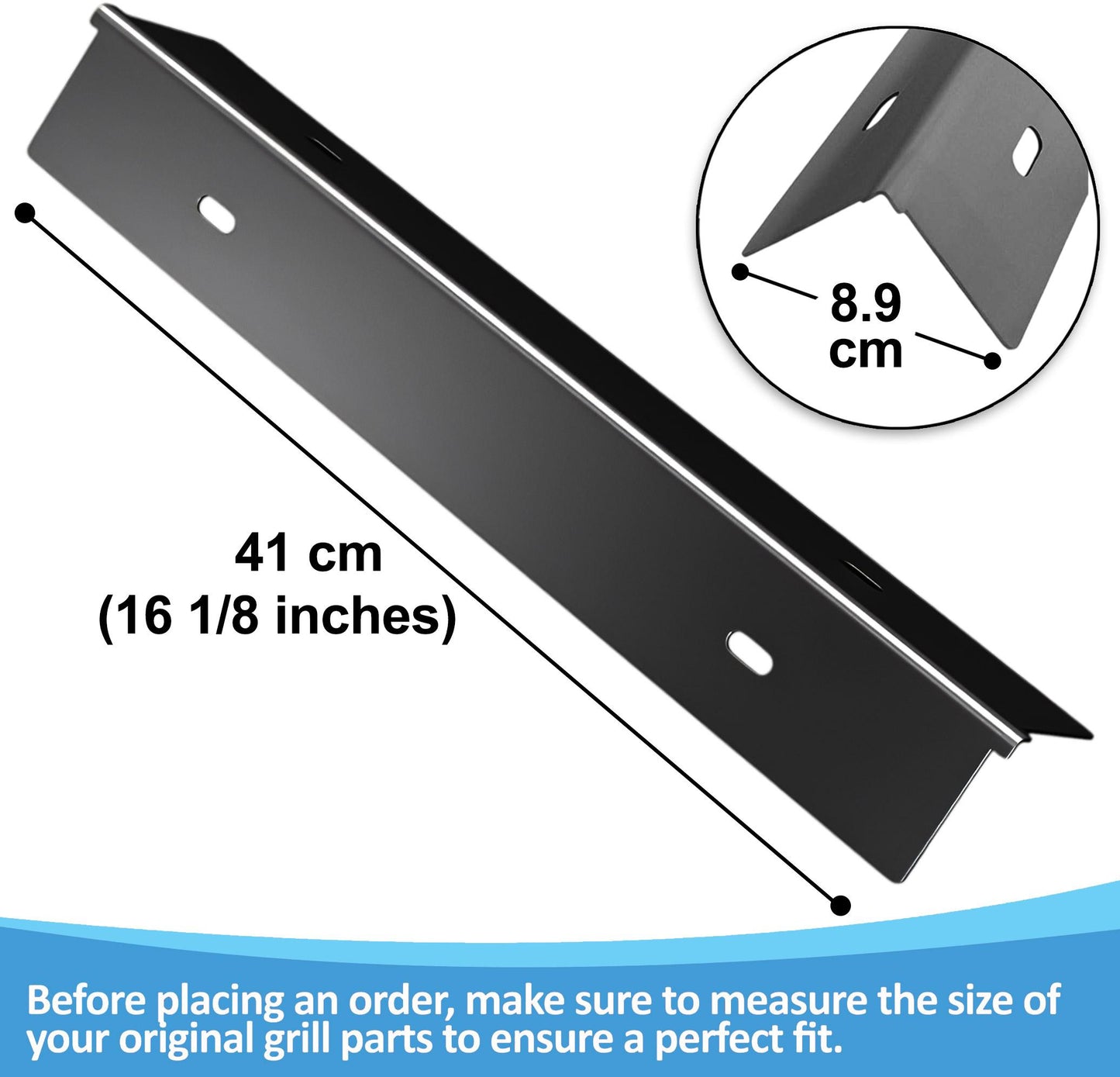 Close-up of a single replacement sear plate for Napoleon Rogue 425 grills, showing exact dimensions of 41 cm (16 1/8 inches) length and 8.9 cm width, essential for a perfect fit.