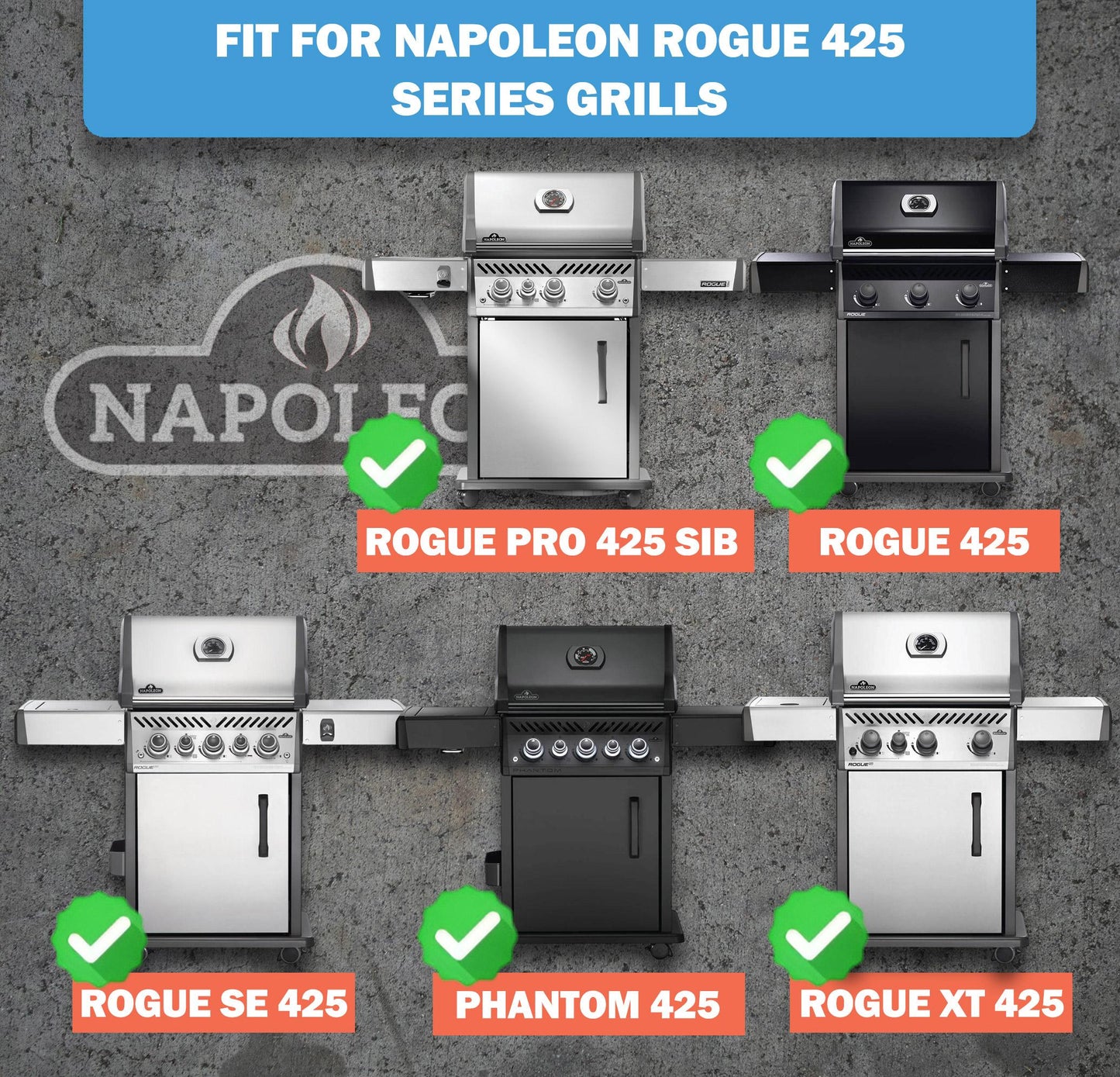 Compatibility guide for 5-pack replacement sear plates, showing they fit Napoleon Rogue 425, Rogue PRO 425 SIB, Rogue SE 425, Phantom 425, and Rogue XT 425 series grills.