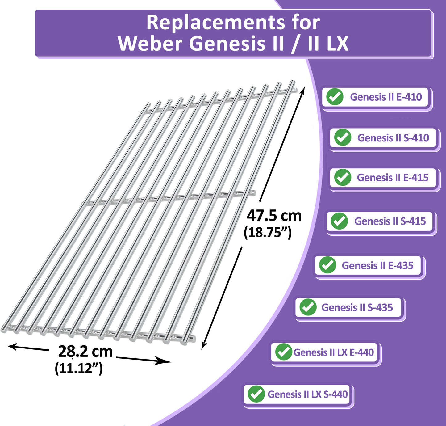 47,5 x 28,2 cm, 66089 / 66097 Grillroste für Weber Genesis II E-410, E-415, E-435, S-410, S-415, S-435, Genesis II LX E-440, S-440, Weber GS4 Grillteile, Edelstahl