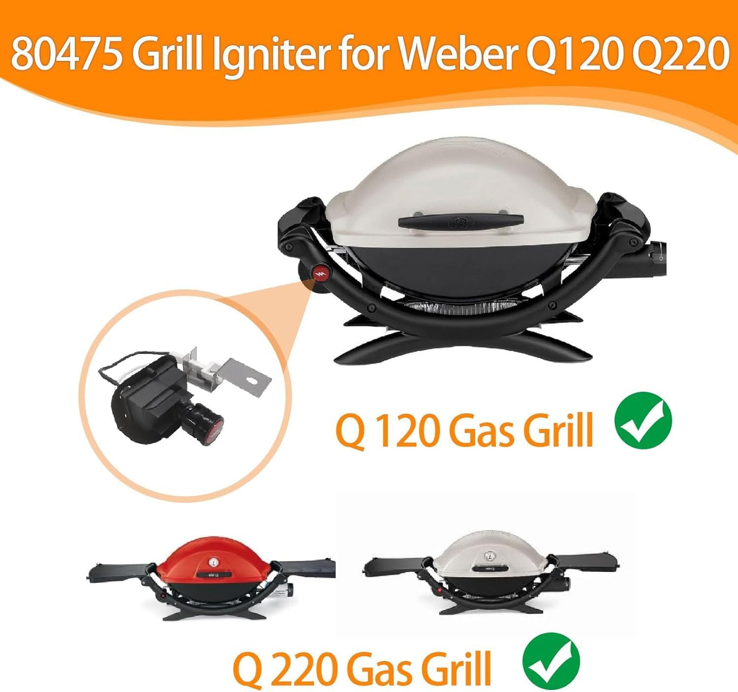 Grill Igniter 80475 for Weber Q120 Q220 Series Grills Switch Electronic 2-Outlet Ignition Push Button Kit Igniter Parts for Weber