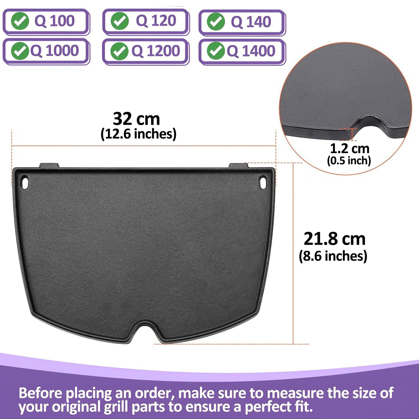 6558, 32 x 21,8 cm Gusseiserne Grillplatte für Weber Q1000, Q1200, Q1400, Q100, Q120, Q140, Serie Gasgrills, Weber Q 100/1000 Serie Grillplatte, Weber Gasgrill Zubehör