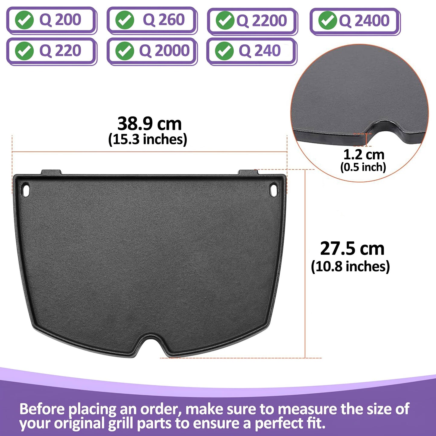 6559, 38,9 x 27,5 cm Gusseiserne Grillplatte für Weber Q200, Q220, Q240, Q260, Q2000, Q2200, Q2400 Serie Gasgrills, Weber Q 200/2000 Serie Grillplatte
