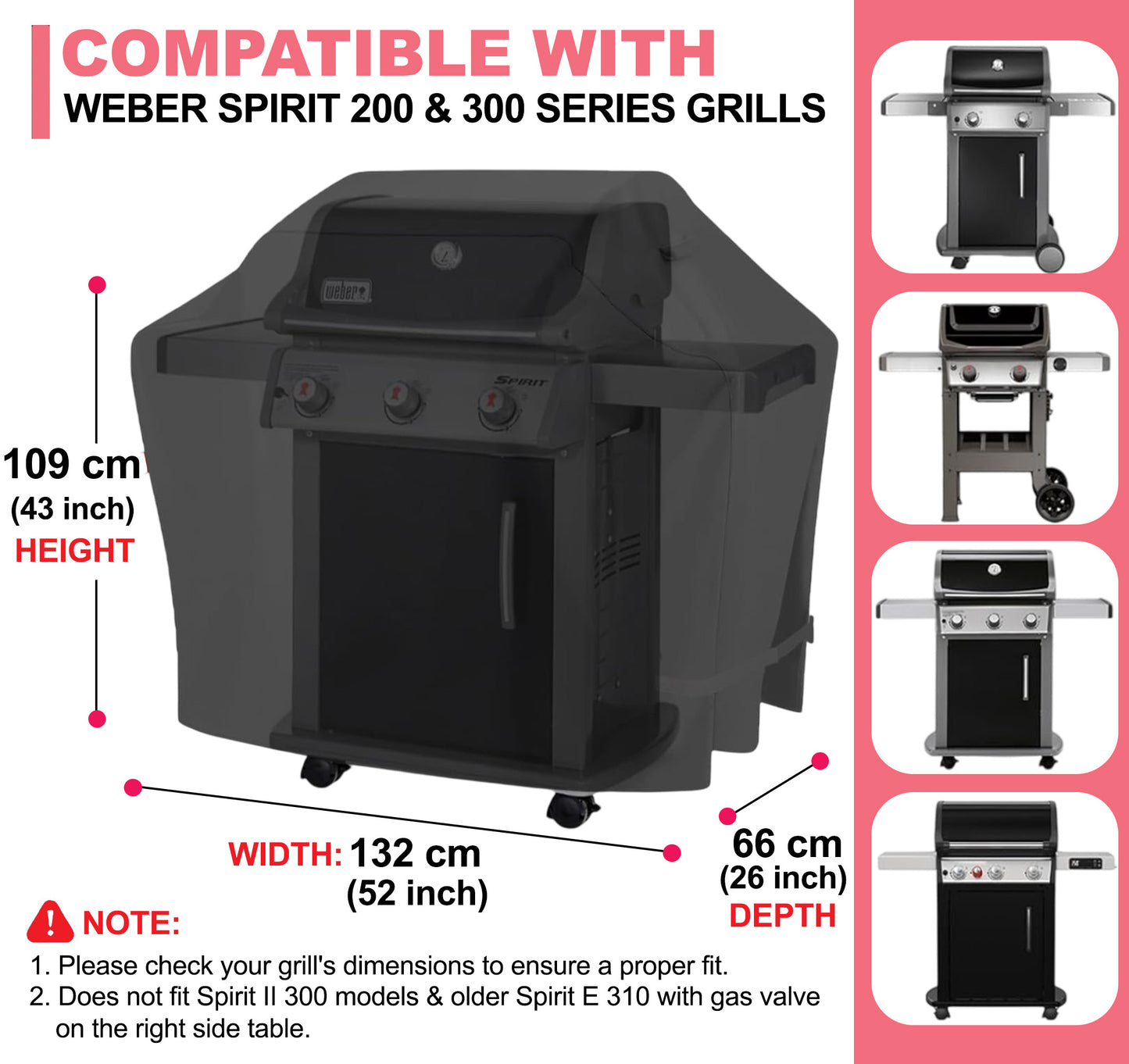 7106 BBQ Grill Cover for Weber Spirit 200, Spirit 300, Spirit II 200, Genesis Silver A/B & More, 600D Oxford Fabric, Heavy Duty & Waterproof, PU Cover for Weber E310, E315, E330 Gas Grills (132 L x 66 W x 109 H cm)