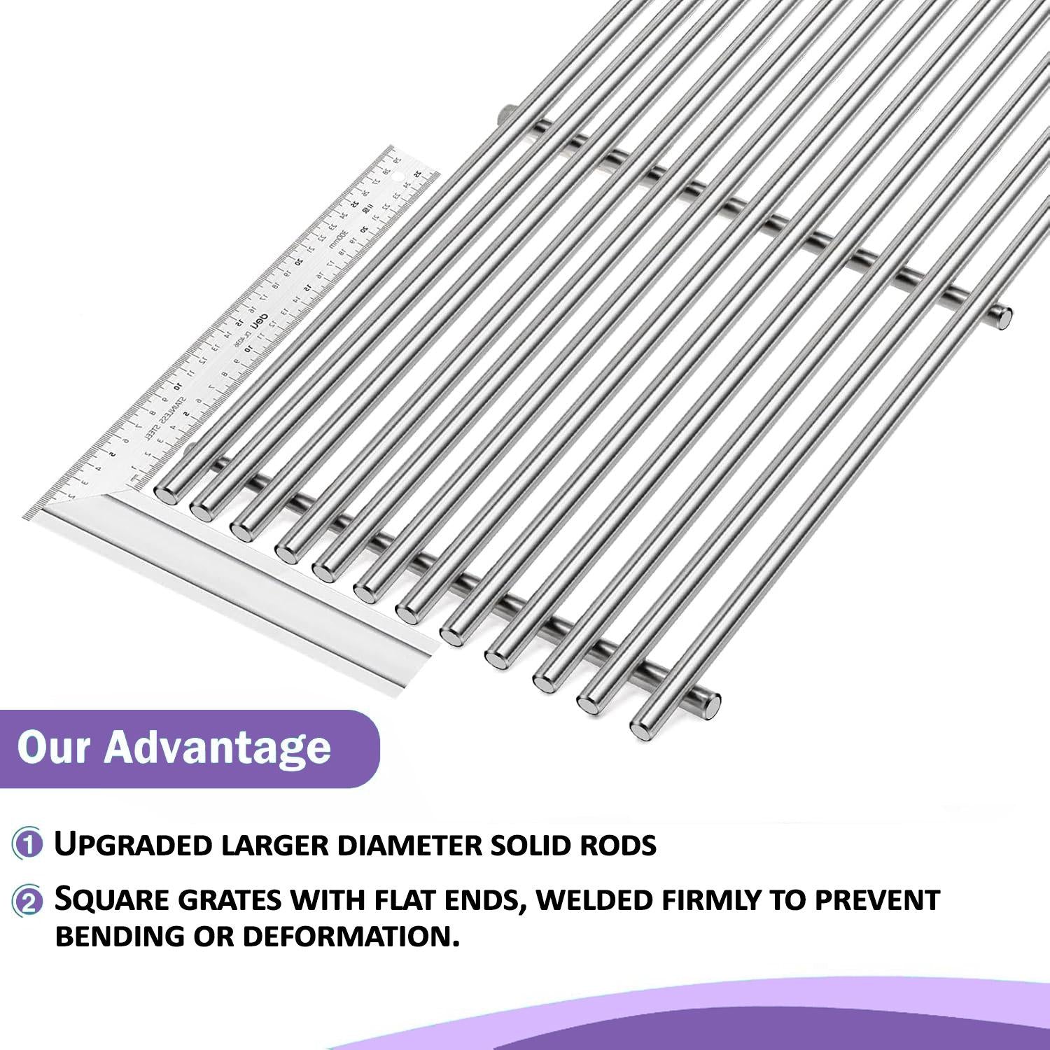 Close-up showing the advantage of upgraded larger diameter solid rods and firmly welded square ends on the 7637 stainless steel grates for Weber Spirit grills, preventing bending or deformation.