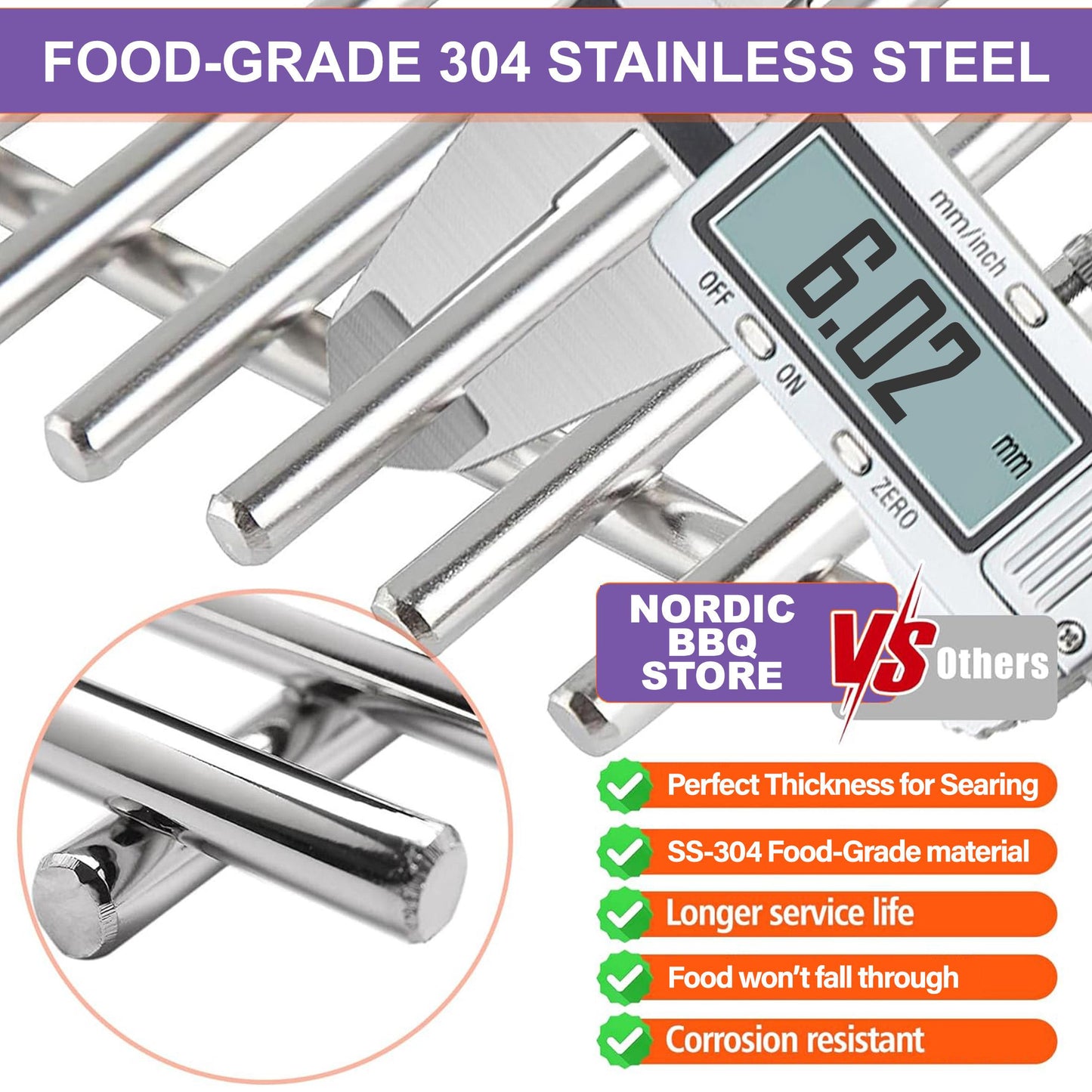 Close-up of food-grade 304 stainless steel rods of the 7637 replacement grill grate for Weber Spirit E/S 210 & 220, showing thickness measurement (6.02mm) with a caliper. Highlights corrosion resistance and perfect thickness for searing.