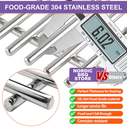 Close-up of food-grade 304 stainless steel rods of the 7637 replacement grill grate for Weber Spirit E/S 210 & 220, showing thickness measurement (6.02mm) with a caliper. Highlights corrosion resistance and perfect thickness for searing.