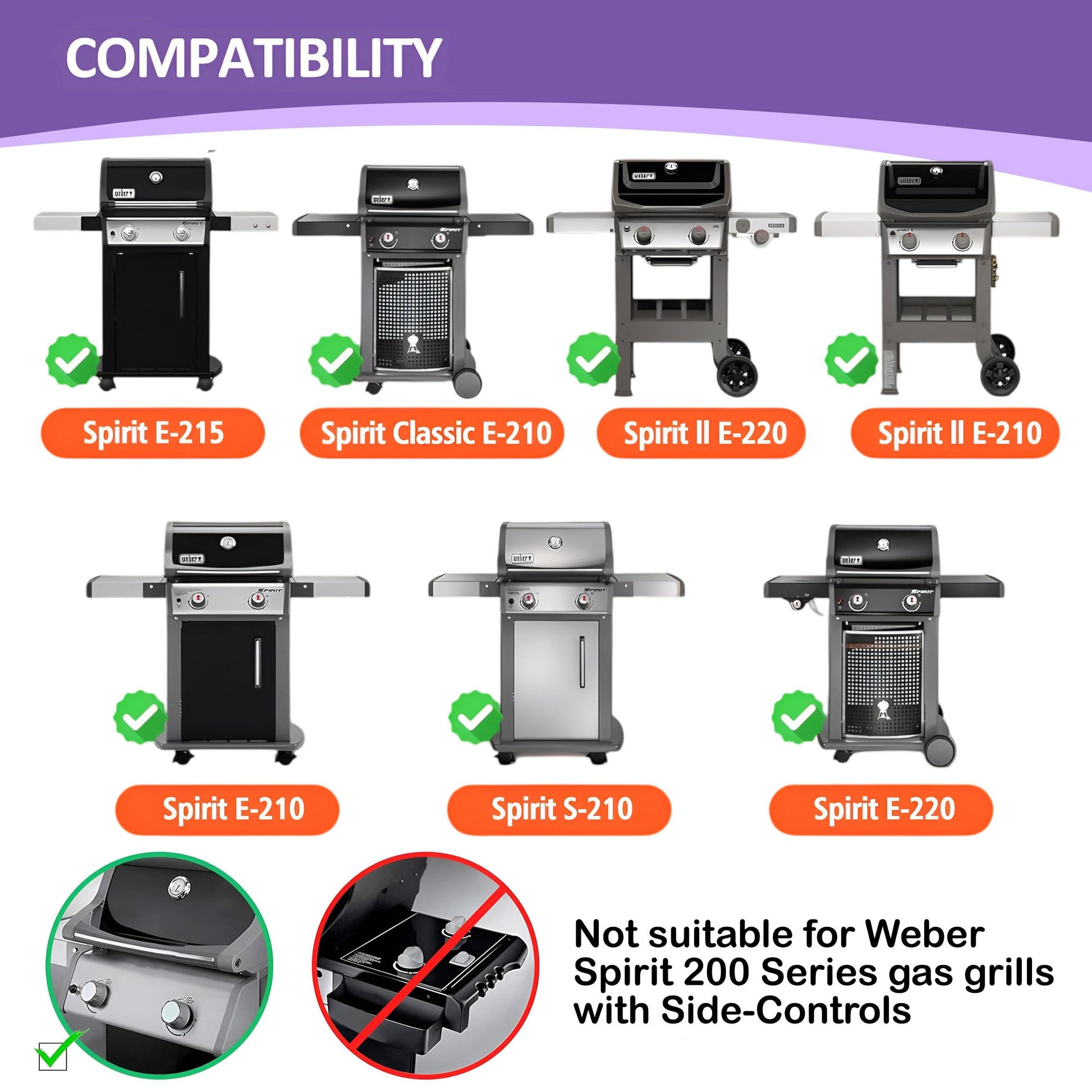 Compatibility chart for 7637 stainless steel grill grates, indicating fit for Weber Spirit E-215, Classic E-210, Spirit II E-220, Spirit II E-210, Spirit E-210, Spirit S-210, and Spirit E-220 with front-mounted controls. Clarifies incompatibility with side-control Spirit 200 grills.