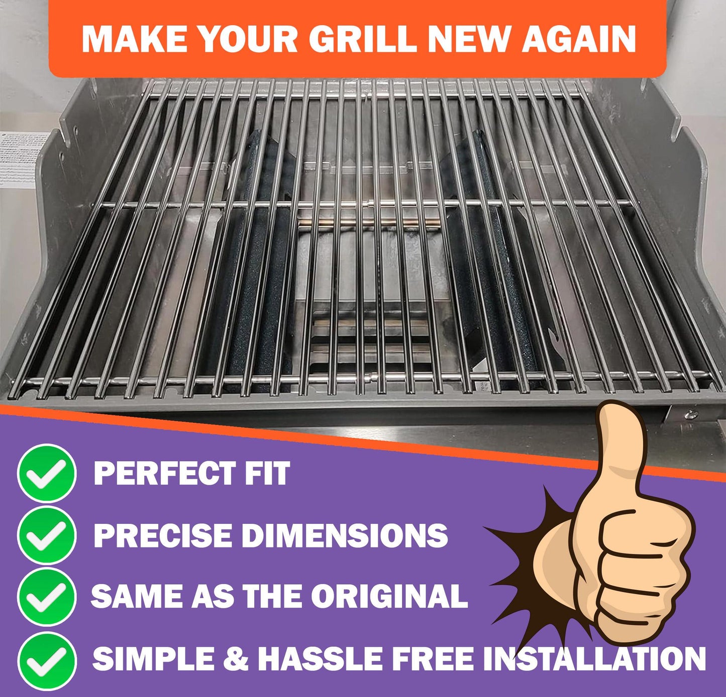 New 7637 stainless steel grill grates perfectly installed in a Weber Spirit 200 series grill, showing 'PERFECT FIT', 'PRECISE DIMENSIONS', 'SAME AS THE ORIGINAL', and 'SIMPLE & HASSLE FREE INSTALLATION' to 'MAKE YOUR GRILL NEW AGAIN'