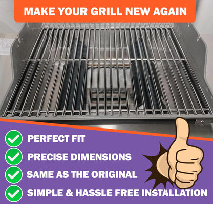 New 7637 stainless steel grill grates perfectly installed in a Weber Spirit 200 series grill, showing 'PERFECT FIT', 'PRECISE DIMENSIONS', 'SAME AS THE ORIGINAL', and 'SIMPLE & HASSLE FREE INSTALLATION' to 'MAKE YOUR GRILL NEW AGAIN'