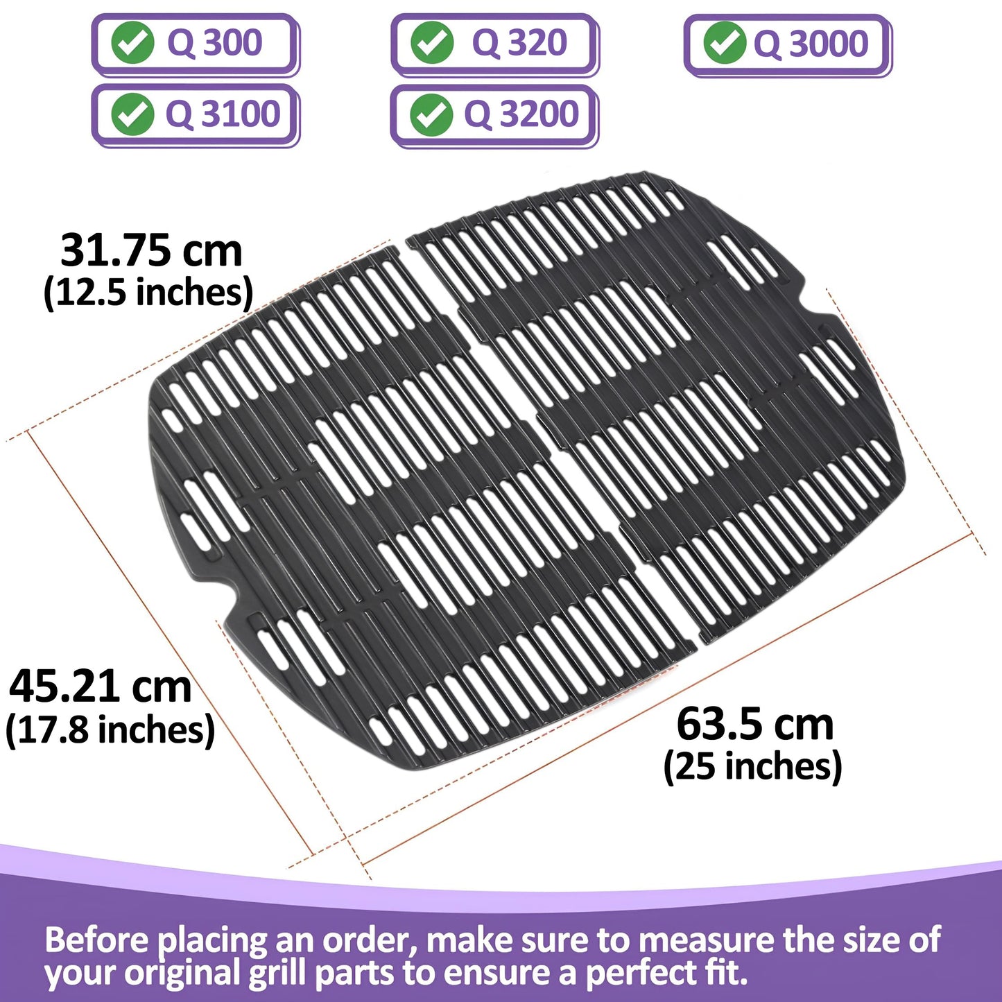 7646 7584 Gusseiserne Grillroste für Weber Q300, Q320, Q3000, Q3100, Q3200 Serie Gasgrills, Weber Q 300/3000 Serie Grillroste