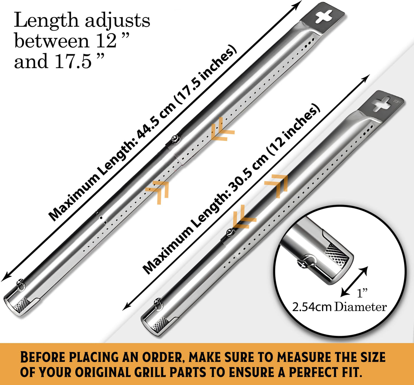 Set of 5 Adjustable Length BBQ Gas Grill Parts Replacement Stainless Steel Tube Burners (2.54cm diameter) for Gas Grill Models from Charbroil, Nexgrill and most other manufacturers
