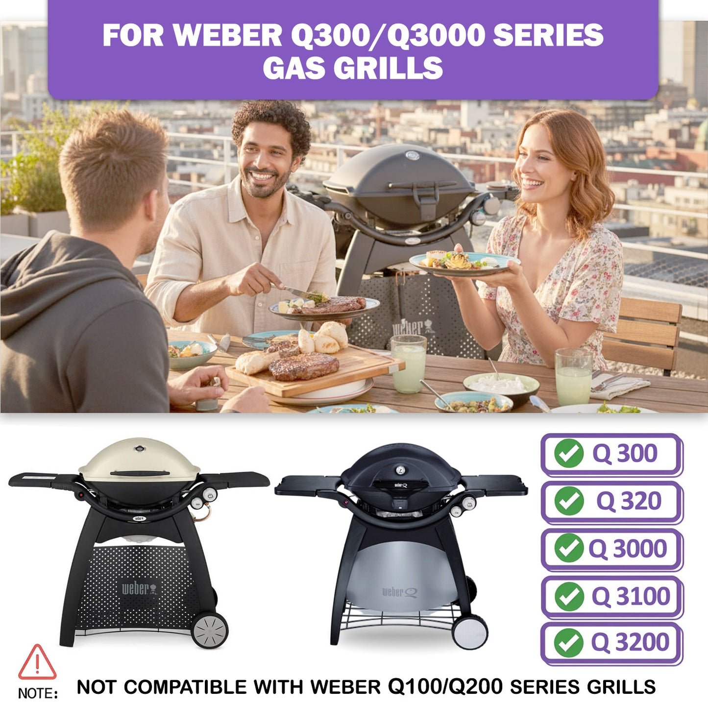 Replacement Parts Set for Weber Q300, Q320, Q3000, Q3100, Q3200 Series (Pre-2023) – Cast Iron Grill Grate, Grill Griddle & Stainless Steel Burners (Replaces Weber 7646, 6506, 65032)
