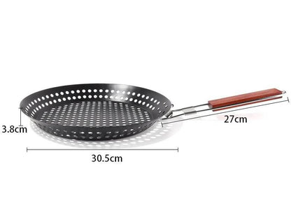 Foldable Non-Stick Grill Frying Pan Skillet with Wooden Handle (Carbon Steel BBQ Grill Pan)