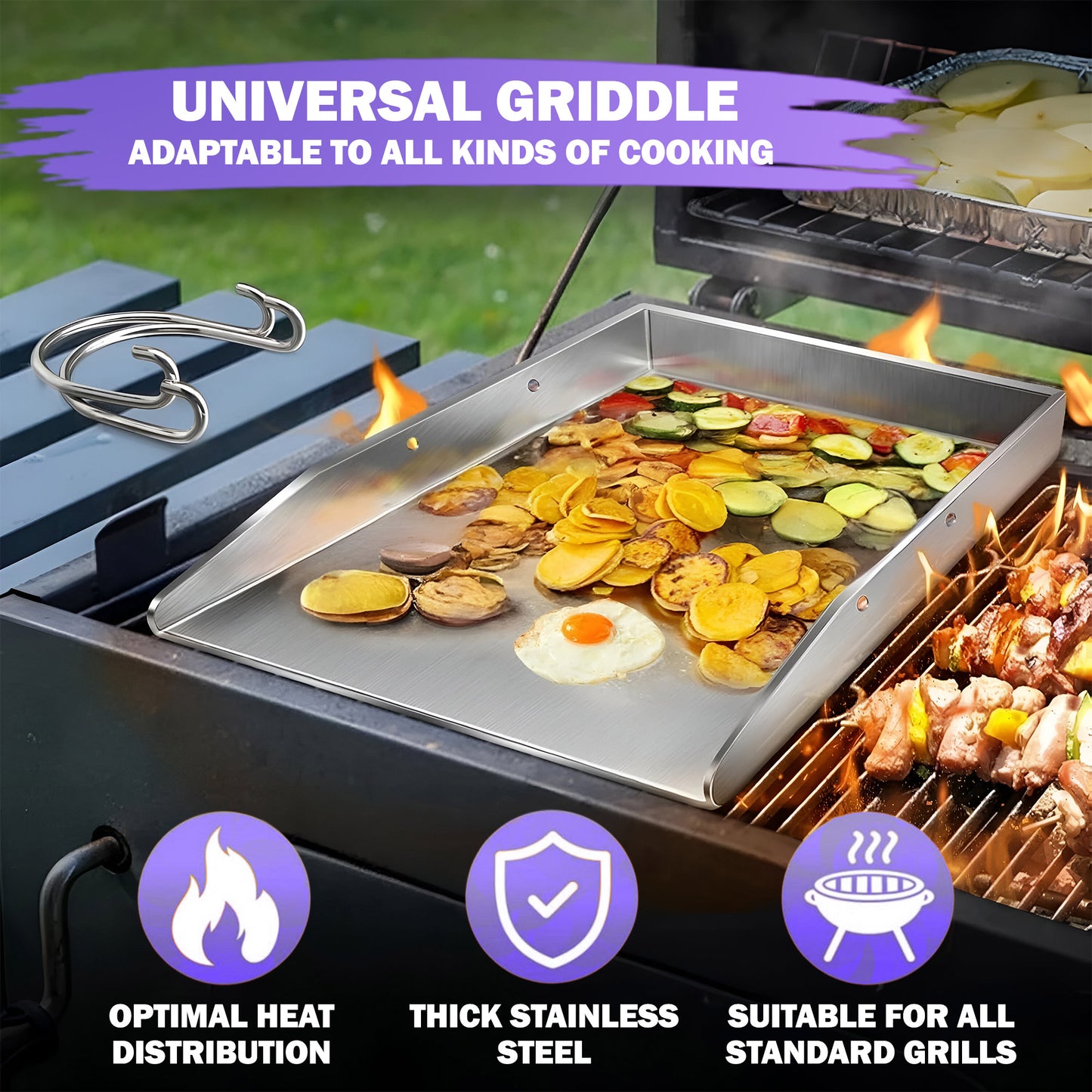 Plancha Grillplatte – Dicke Edelstahl-BBQ-Grillplatte mit abnehmbaren Griffen, 40 x 30 cm – Für Gas- & Holzkohlegrills