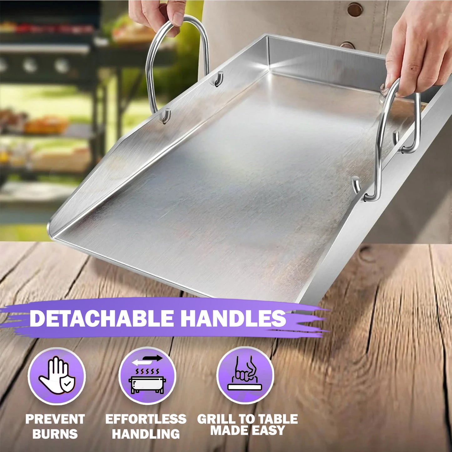 Plancha Grillplatte – Dicke Edelstahl-BBQ-Grillplatte mit abnehmbaren Griffen, 40 x 30 cm – Für Gas- & Holzkohlegrills