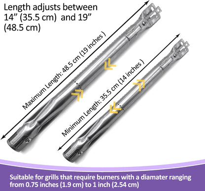 Universal Tube Burners with Adjustable Length 35.5 cm to 48.5 cm | Fits Most European Grills Including Napoleon, Landmann, Nexgrill (Set of 4)
