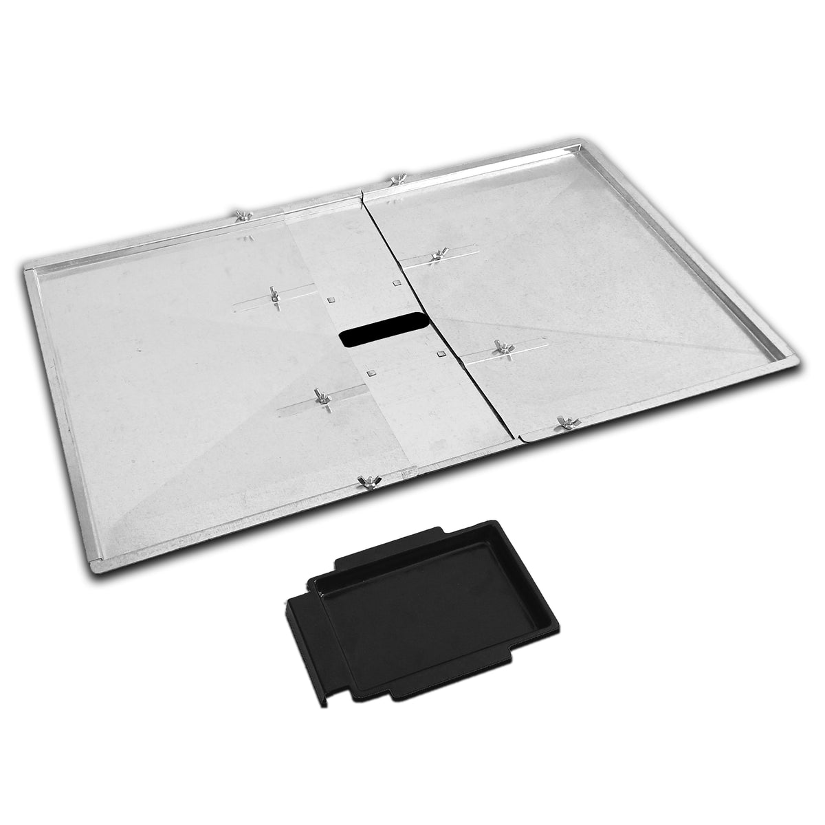Adjustable steel grease drip tray 76-84 cm with catch cup for 4-6 burner Weber, Napoleon, Char-Broil & gas grills.