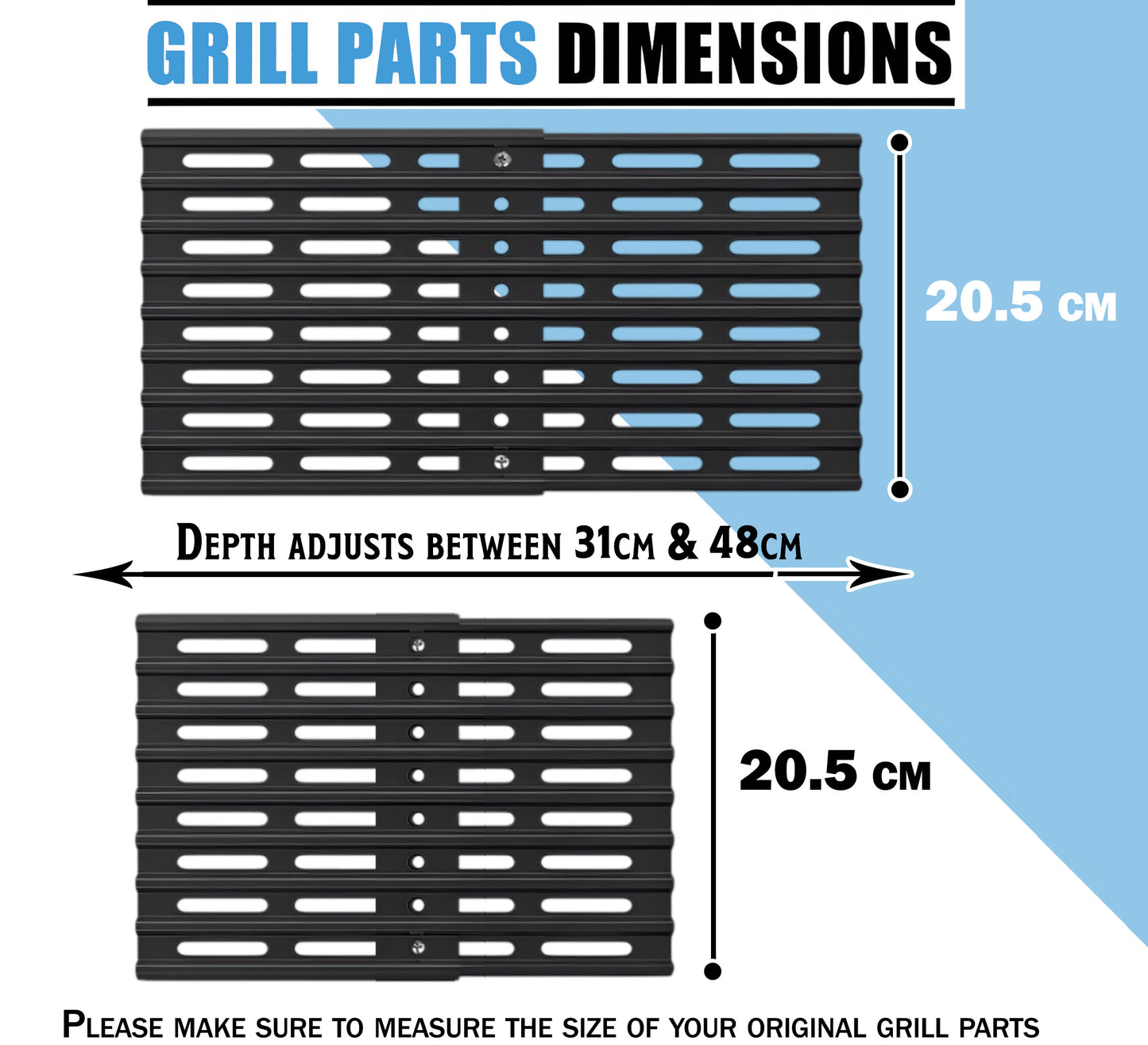 Set of 4 Adjustable Grill Grates – 20.5 cm Wide Universal Replacement Grill Grates for BBQ Grills, Extends from 31 cm to 48 cm in Depth, Porcelain Steel