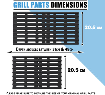 Set of 4 Adjustable Grill Grates – 20.5 cm Wide Universal Replacement Grill Grates for BBQ Grills, Extends from 31 cm to 48 cm in Depth, Porcelain Steel