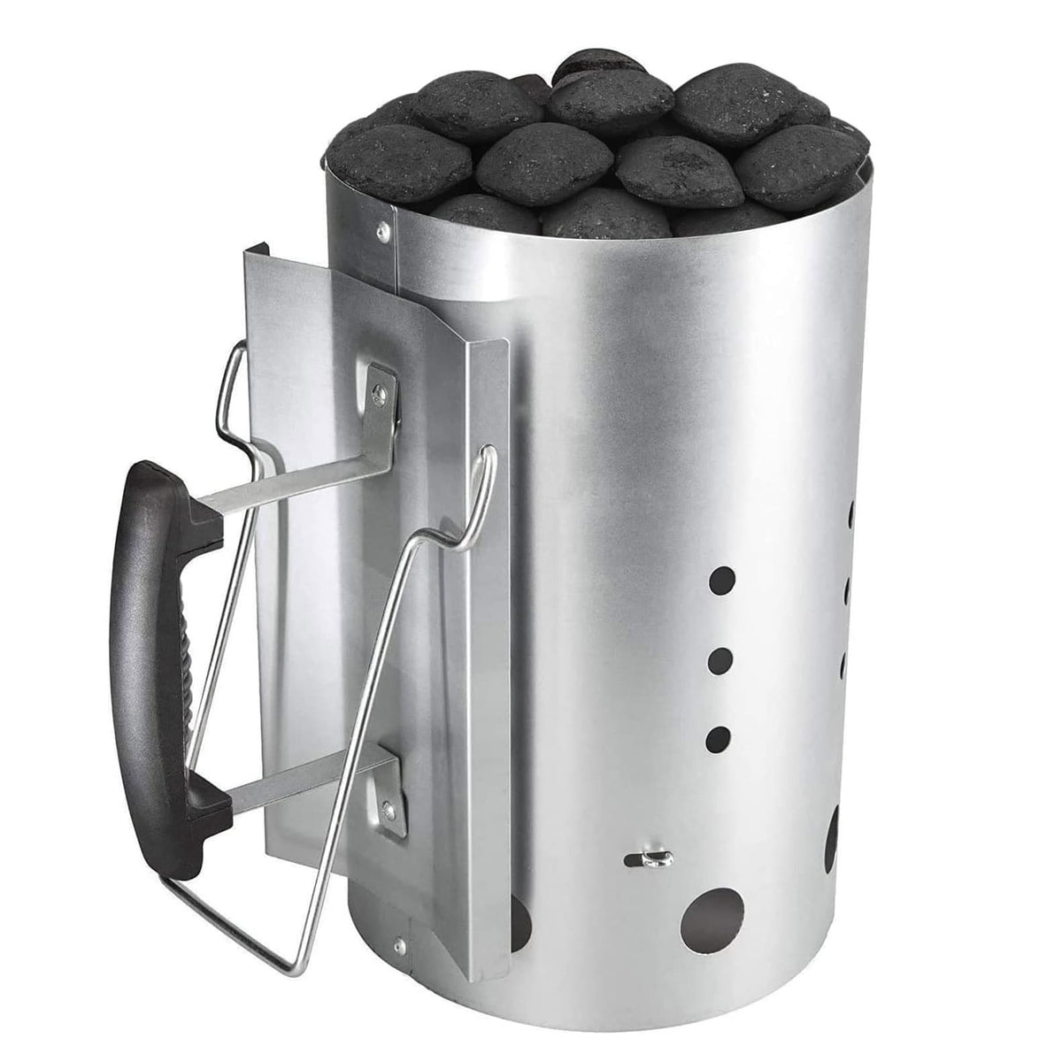 Galvanized steel charcoal chimney starter replacing Weber 7416 with heat-resistant handle for charcoal grills.