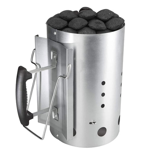 Galvanized steel charcoal chimney starter replacing Weber 7416 with heat-resistant handle for charcoal grills.