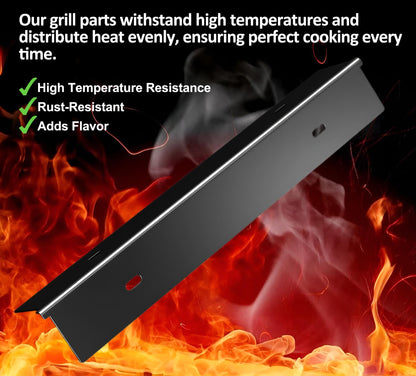Replacement grill parts for Napoleon Rogue 425 series grills with a fiery background, highlighting its benefits: high temperature resistance, rust-resistant properties, and ability to add flavor to grilled food.