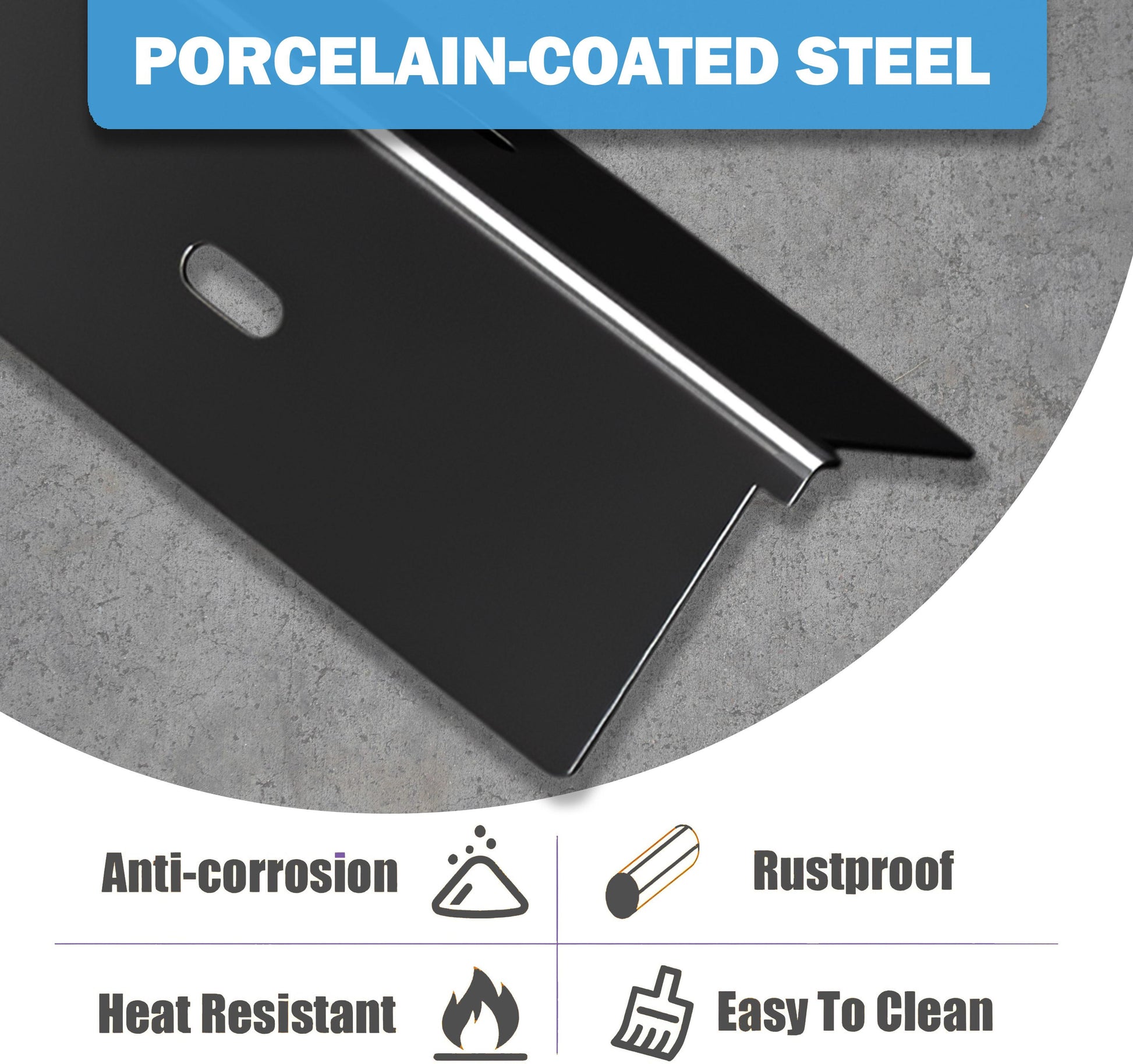 Close-up of a porcelain-coated steel replacement sear plate for Napoleon Rogue 425 grills, emphasizing its anti-corrosion, rustproof, heat resistant, and easy-to-clean properties.