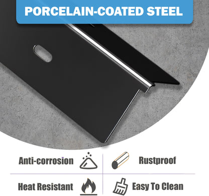 Close-up of a porcelain-coated steel replacement sear plate for Napoleon Rogue 425 grills, emphasizing its anti-corrosion, rustproof, heat resistant, and easy-to-clean properties.