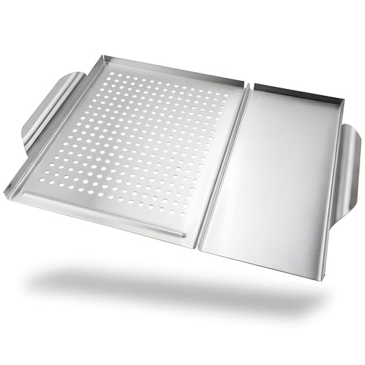 Stainless steel grill plate featuring one perforated side for roasting vegetables and one flat griddle side for searing.