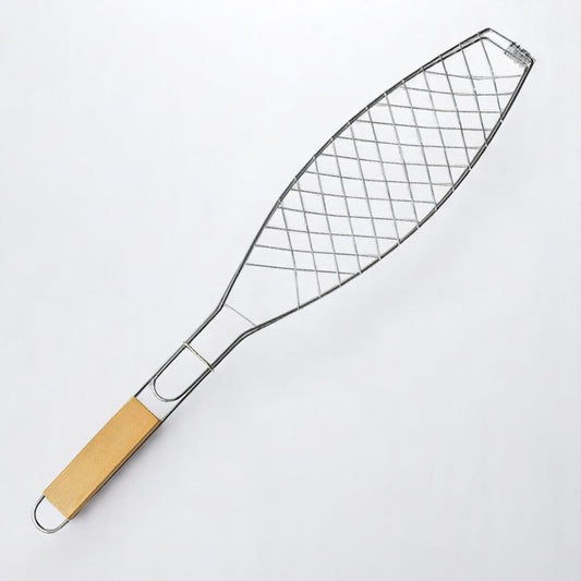 Stainless steel lockable BBQ grilling basket with heat-resistant wooden handle for fish, vegetables, and meats.