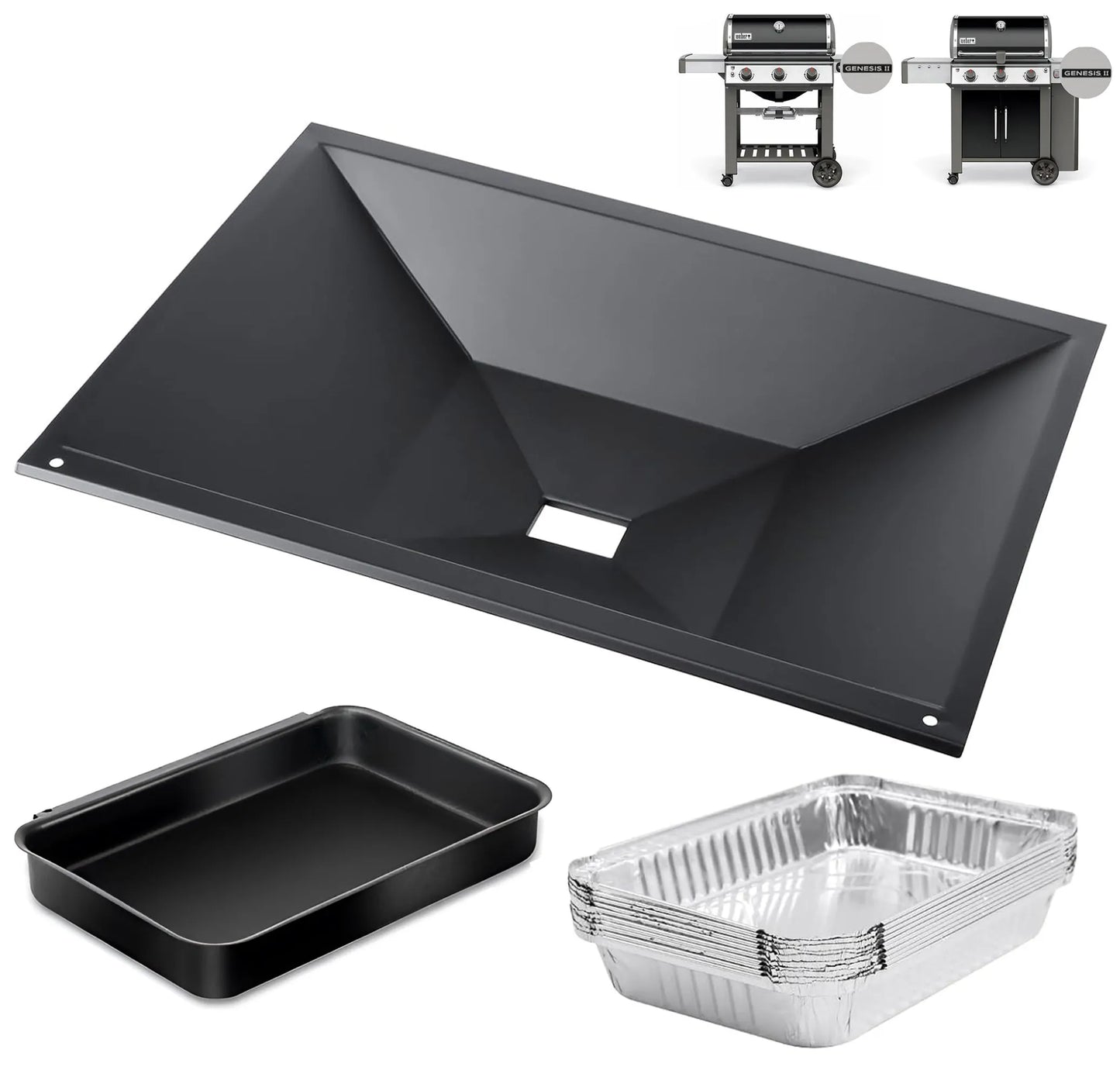 Complete 66036 replacement kit including heavy-duty Weber drip tray, 67047 lower catch pan, and a stack of 10 aluminum liners.