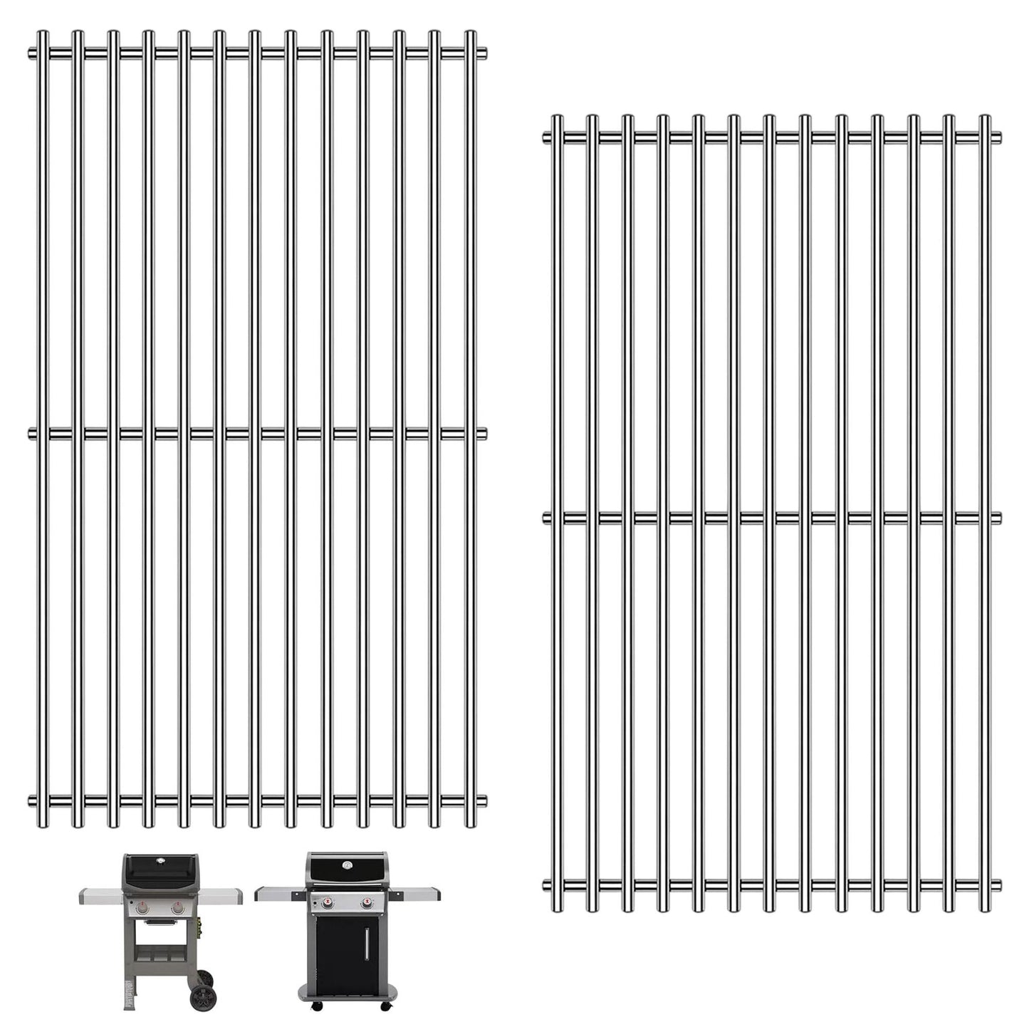 Two 7637 stainless steel replacement grill grates for Weber Spirit 200 & Spirit II 200 series on a white background, with compatible Weber Spirit grill models (E/S-210, 220) shown below.
