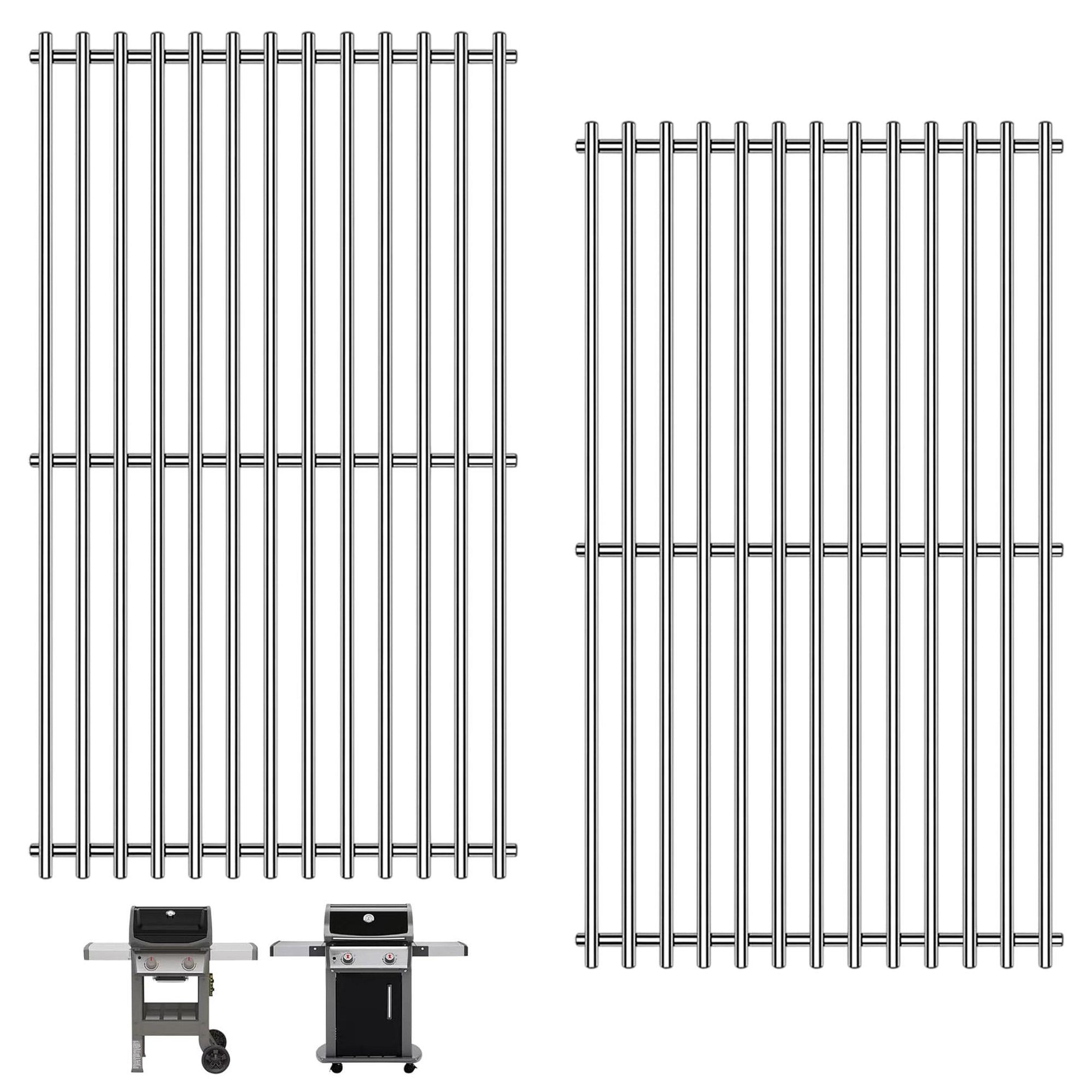 Two 7637 stainless steel replacement grill grates for Weber Spirit 200 & Spirit II 200 series on a white background, with compatible Weber Spirit grill models (E/S-210, 220) shown below.