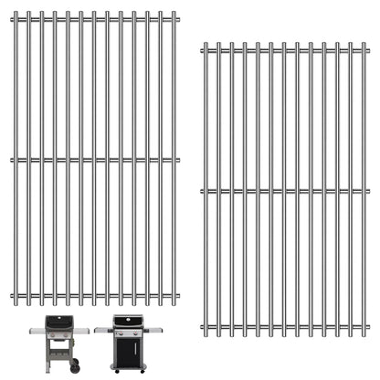 Two 7637 stainless steel replacement grill grates for Weber Spirit 200 & Spirit II 200 series on a white background, with compatible Weber Spirit grill models (E/S-210, 220) shown below.
