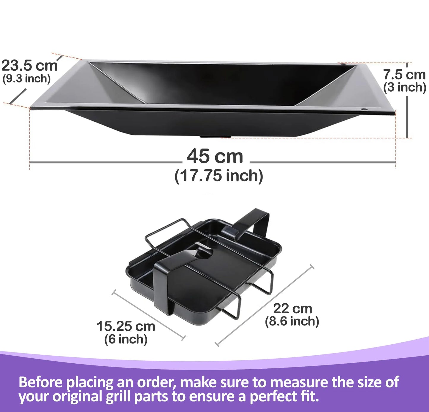 Dimensions for 99251 spare Weber drip tray (17.75 x 9.3 inches) and catch pan (8.6 x 6 inches) for Genesis Silver A and Spirit 500 models.