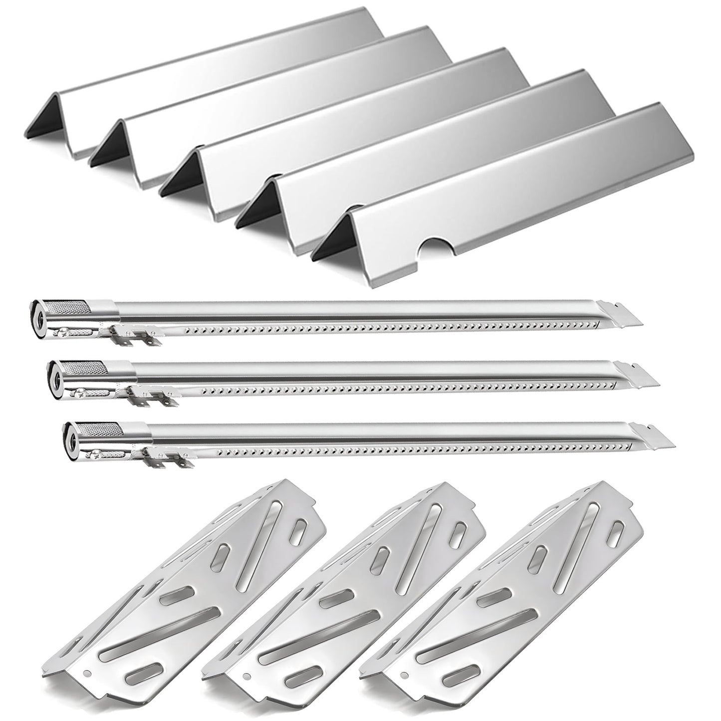 Stainless steel Grill parts kit with 5-pack flavorizer bars, 3-pack burners, and 3-pack heat deflectors replacing Weber 66032 for Genesis II 300 grills.