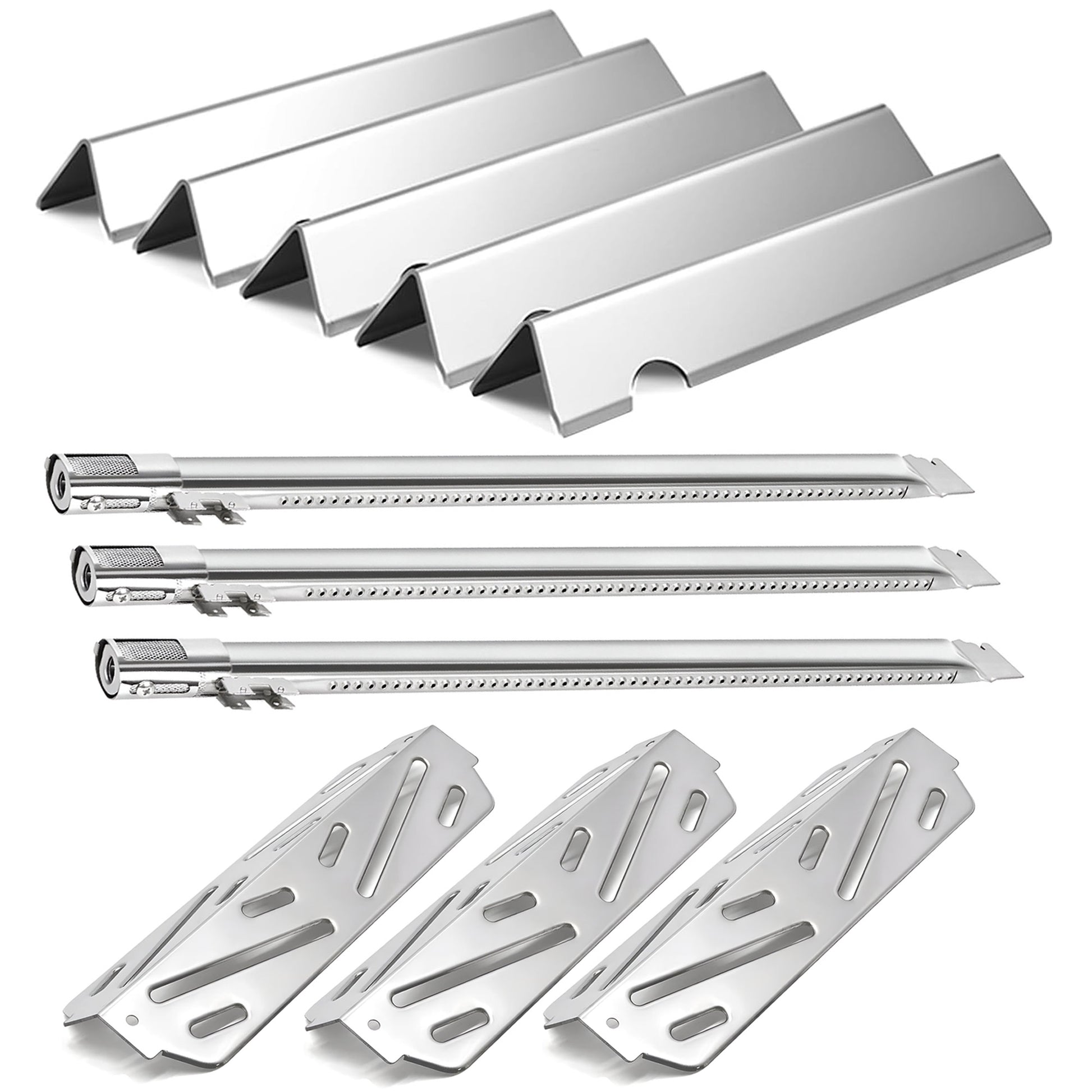 Stainless steel Grill parts kit with 5-pack flavorizer bars, 3-pack burners, and 3-pack heat deflectors replacing Weber 66032 for Genesis II 300 grills.