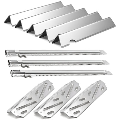 Stainless steel Grill parts kit with 5-pack flavorizer bars, 3-pack burners, and 3-pack heat deflectors replacing Weber 66032 for Genesis II 300 grills.