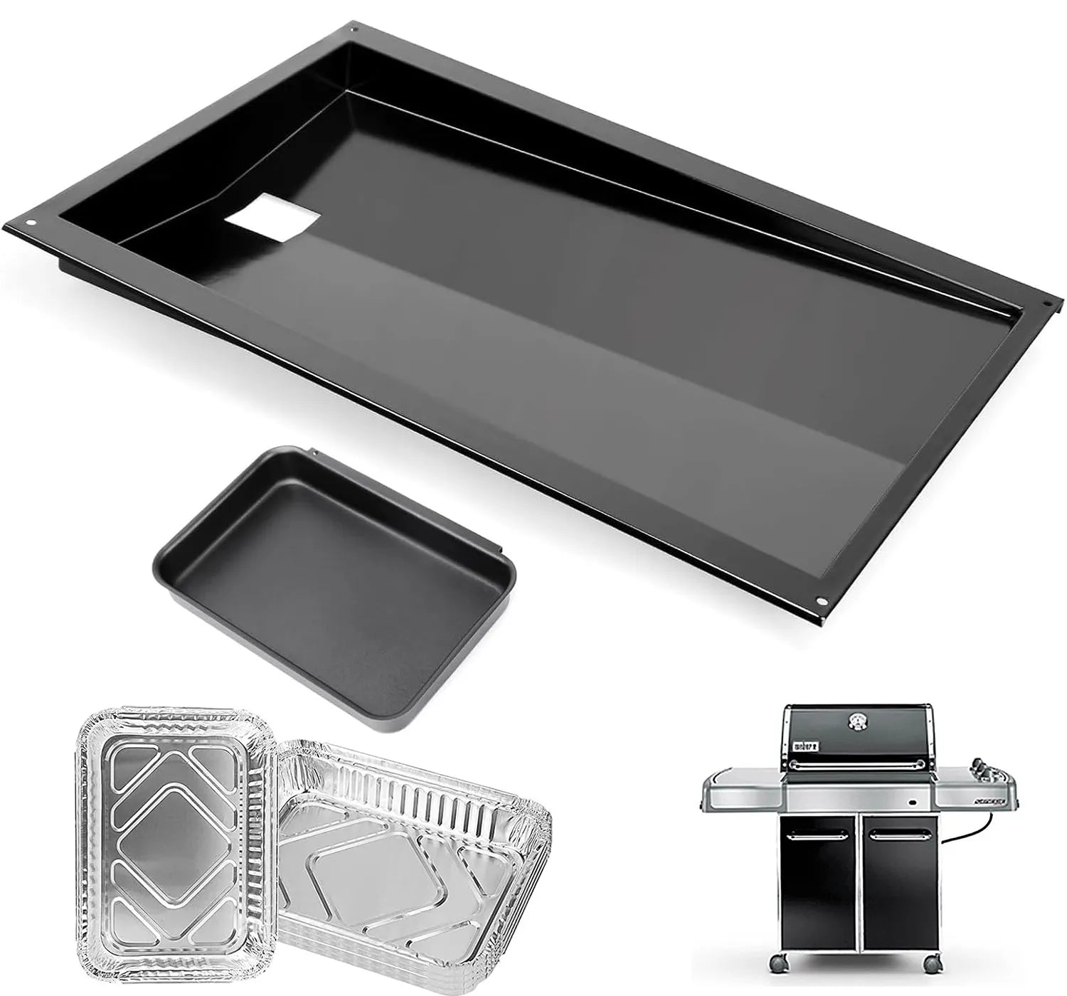 Complete replacement grease management kit for Weber Genesis 300 series with side controls, featuring enameled steel drip tray, catch pan, and 10 liners.