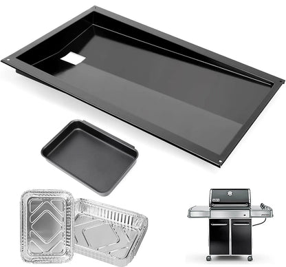 Complete replacement grease management kit for Weber Genesis 300 series with side controls, featuring enameled steel drip tray, catch pan, and 10 liners.