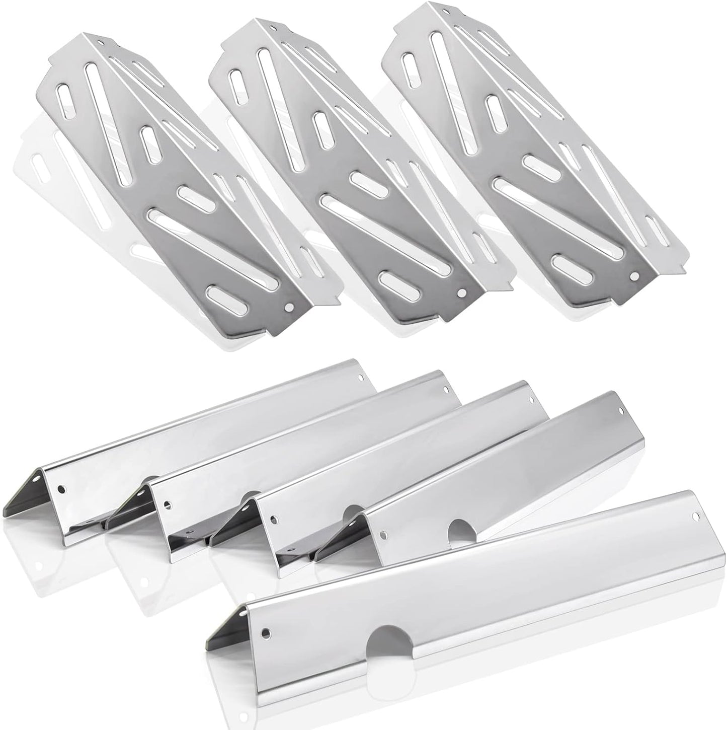 Stainless steel Grill parts kit with 5-pack flavorizer bars, and 3-pack heat deflectors replacing Weber 66032 for Genesis II 300 grills.