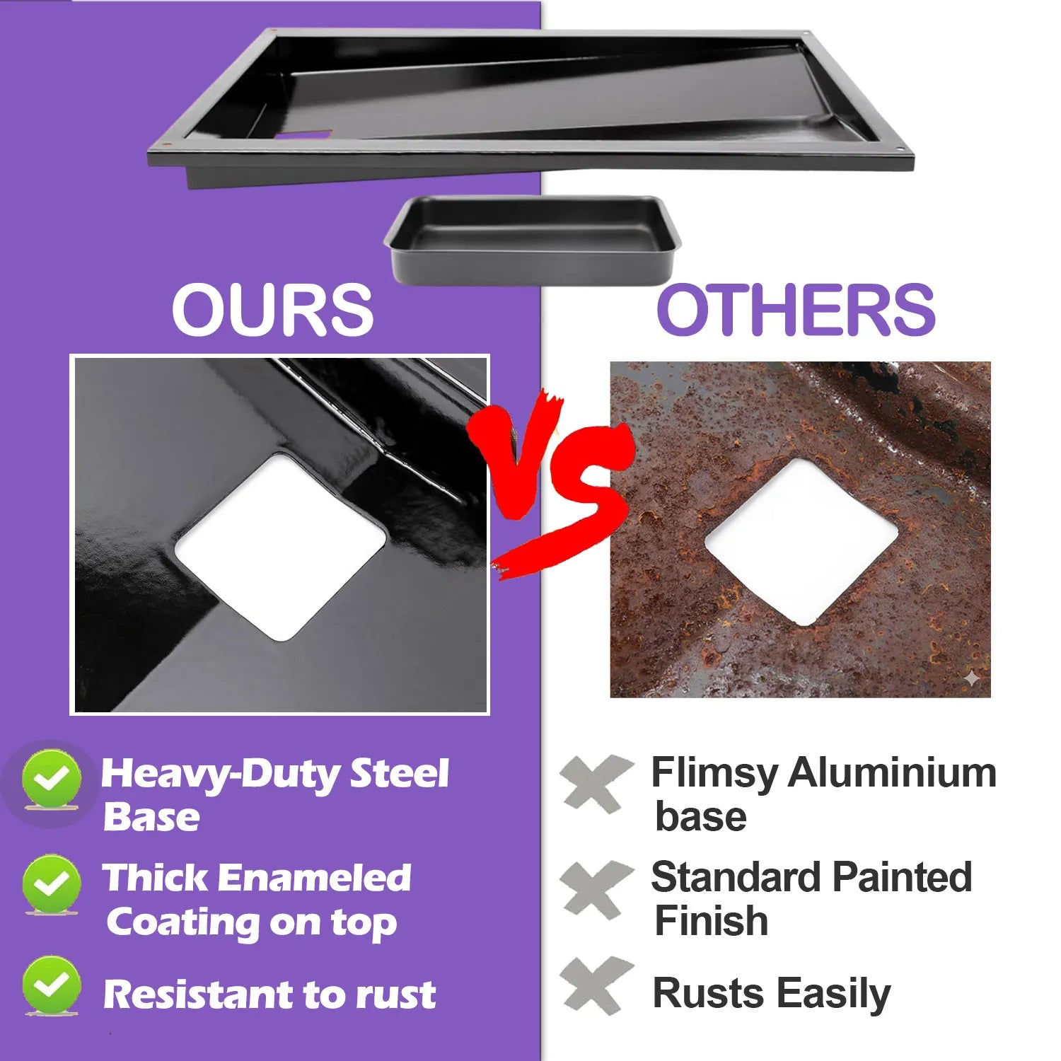 Comparison of our heavy-duty enameled steel Weber Genesis drip tray vs. rusted aluminum "Others," highlighting rust resistance and thick coating.